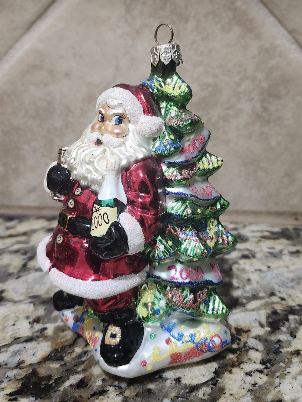 Christopher Radko Y2k Shiny Red Santa New Year Green Christmas Tree Ornament